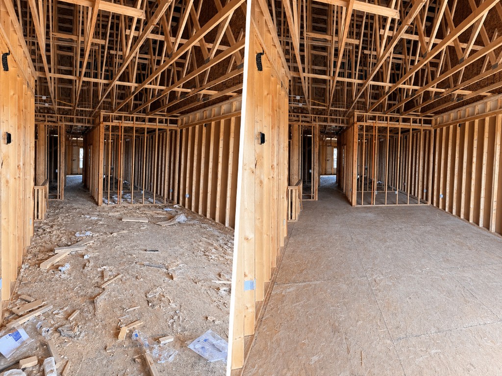 Before and after rough cleaning with debris removed from framed construction interior