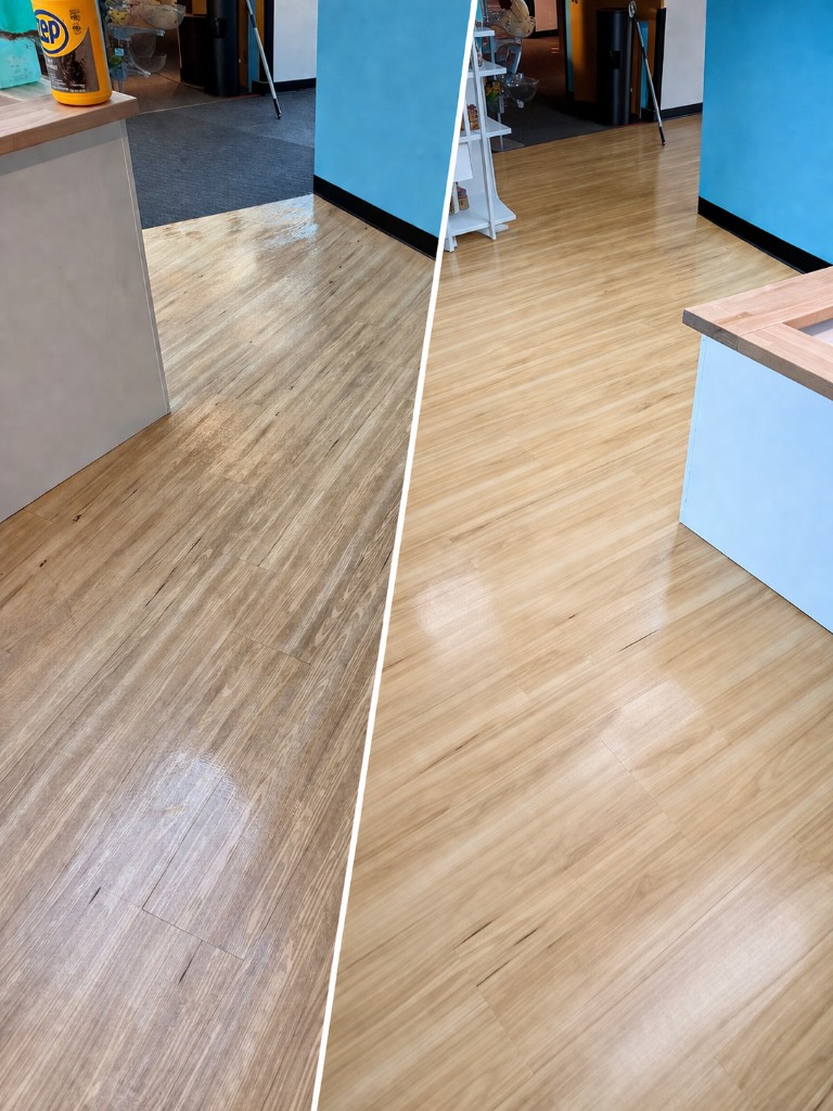 Before and after hard floor buffing and refinishing