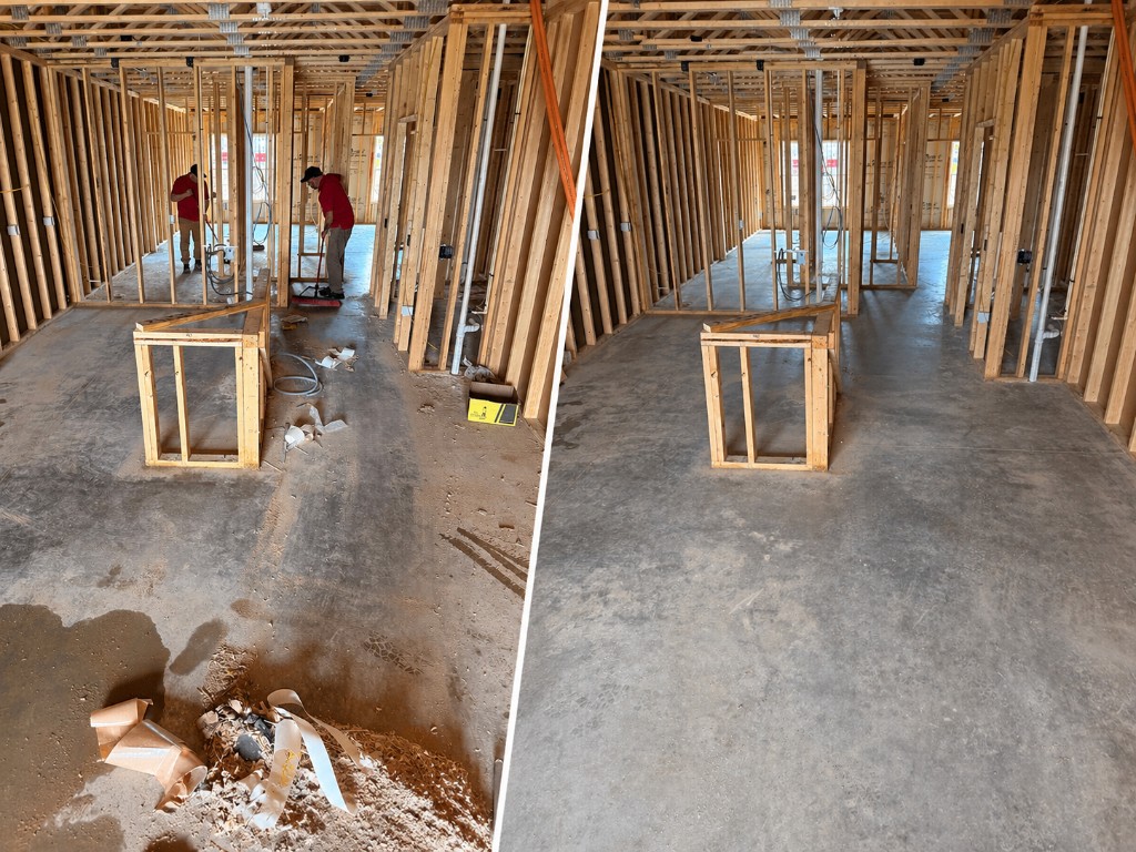 Before and after rough construction cleaning in framed interior