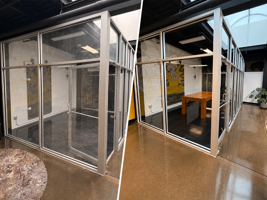 Before and after storefront window cleaning