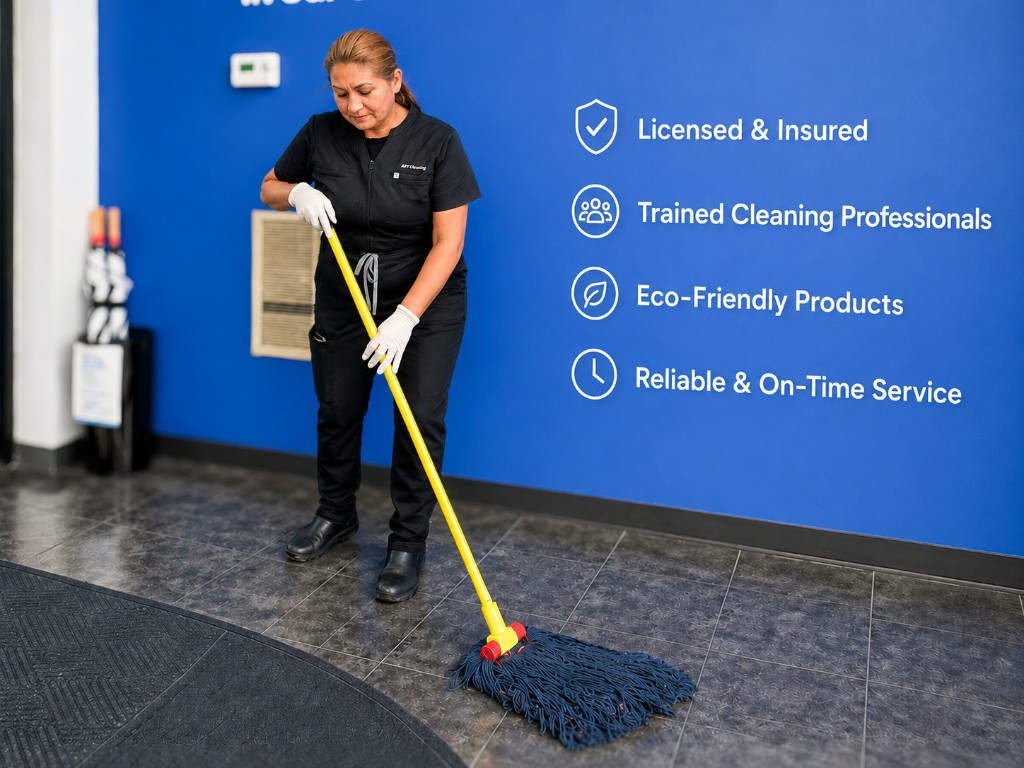 ND Cleaning staff member mopping floors; wall signage highlights licensed and insured service, trained professionals, eco-friendly products, and reliable on-time service