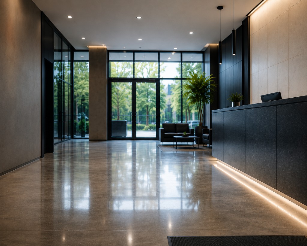ND Cleaning team providing office janitorial services in a Milwaukee corporate lobby