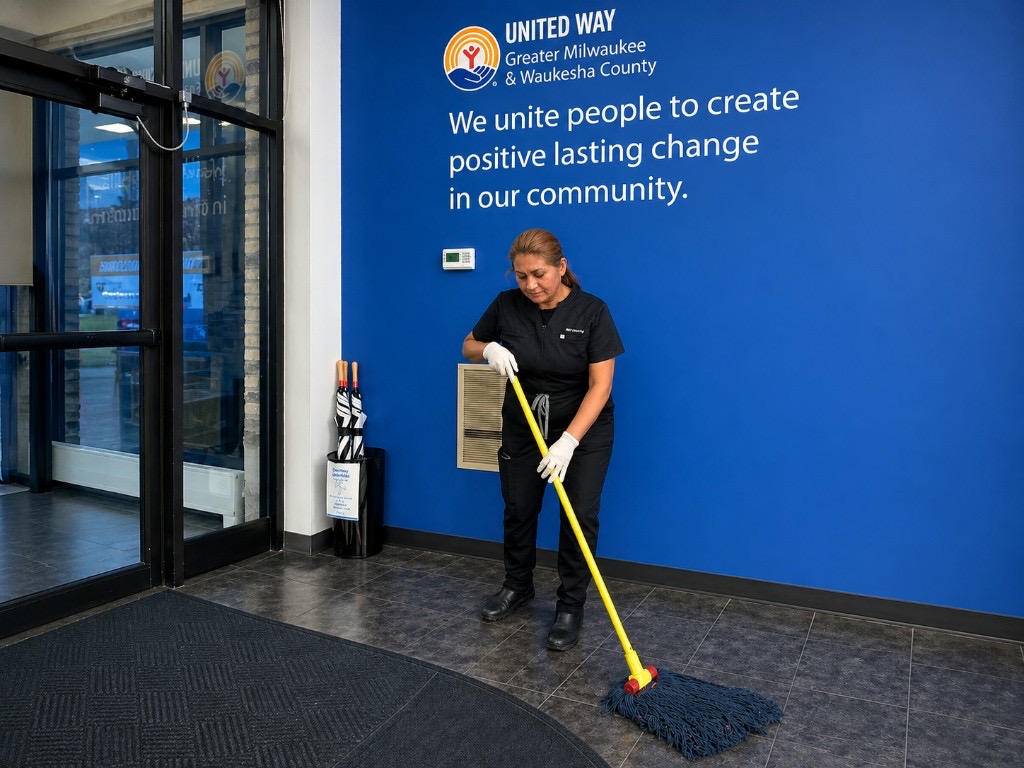 ND Cleaning team member cleaning the entrance of a Milwaukee commercial building